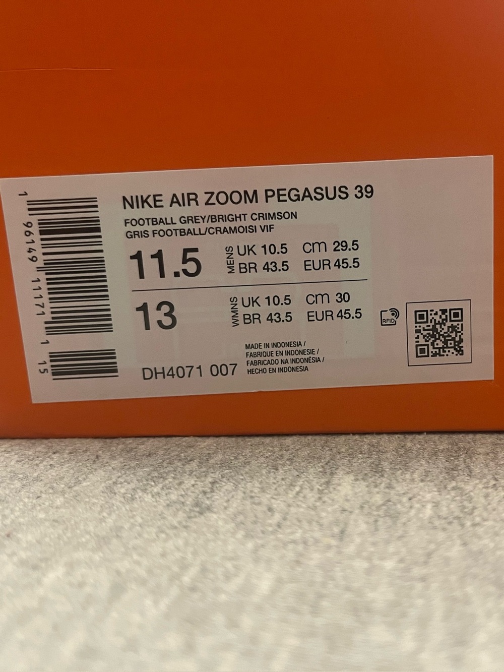 Nike Air Zoom Pegasus 39 Grey Bright Crimson Running Men Shoe Sz 11.5 DH4071-007 - Picture 11 of 11